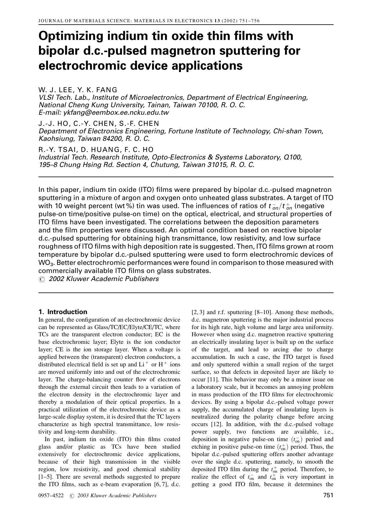 Optimizing indium tin oxide thin films with bipolar d.c.-pulsed magnetron sputtering for electrochromic device applications by Unknown