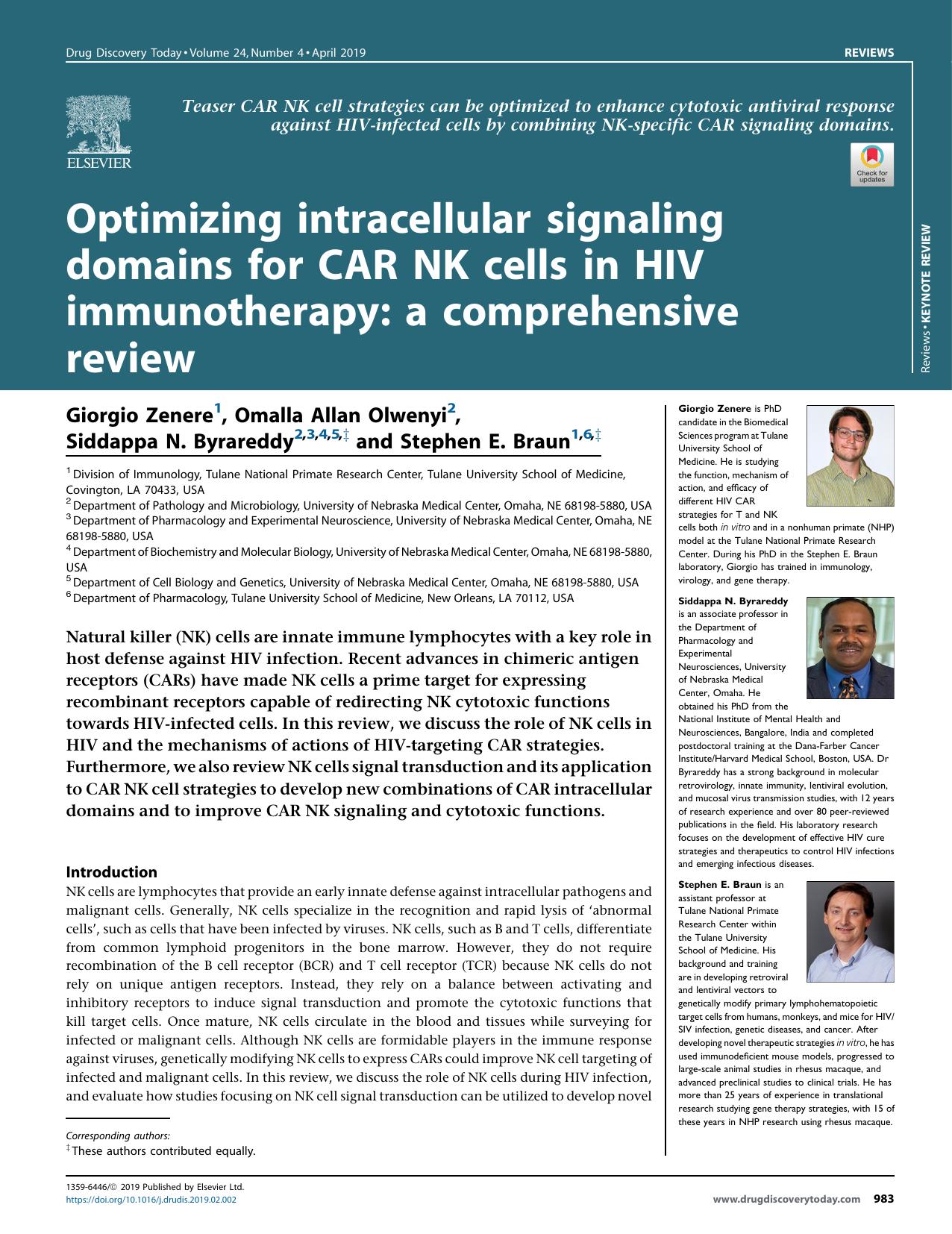 Optimizing intracellular signaling domains for CAR NK cells in HIV immunotherapy: a comprehensive review by Giorgio Zenere & Omalla Allan Olwenyi & Siddappa N. Byrareddy & Stephen E. Braun