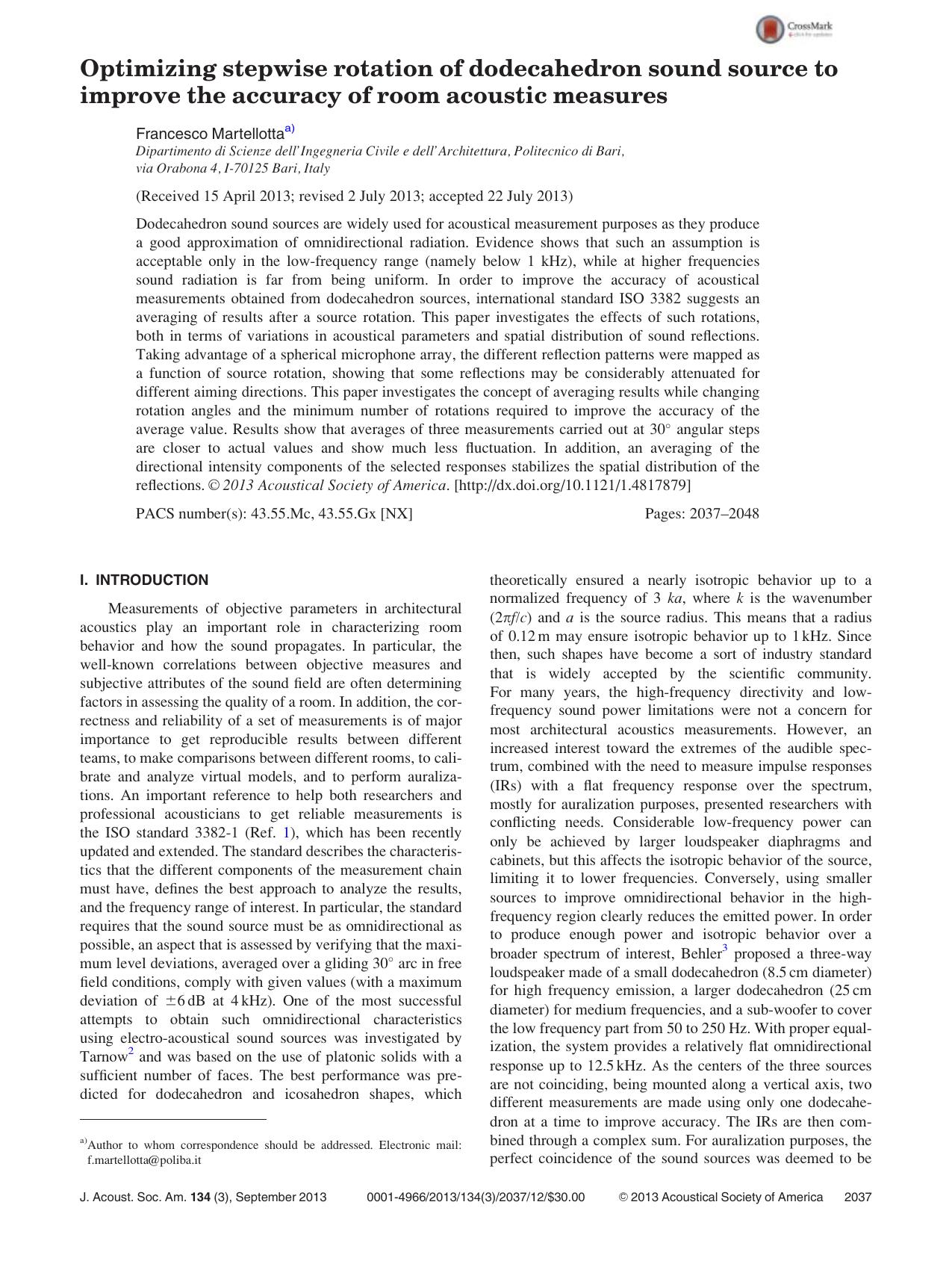 Optimizing stepwise rotation of dodecahedron sound source to improve the accuracy of room acoustic measures by Francesco Martellottaa)