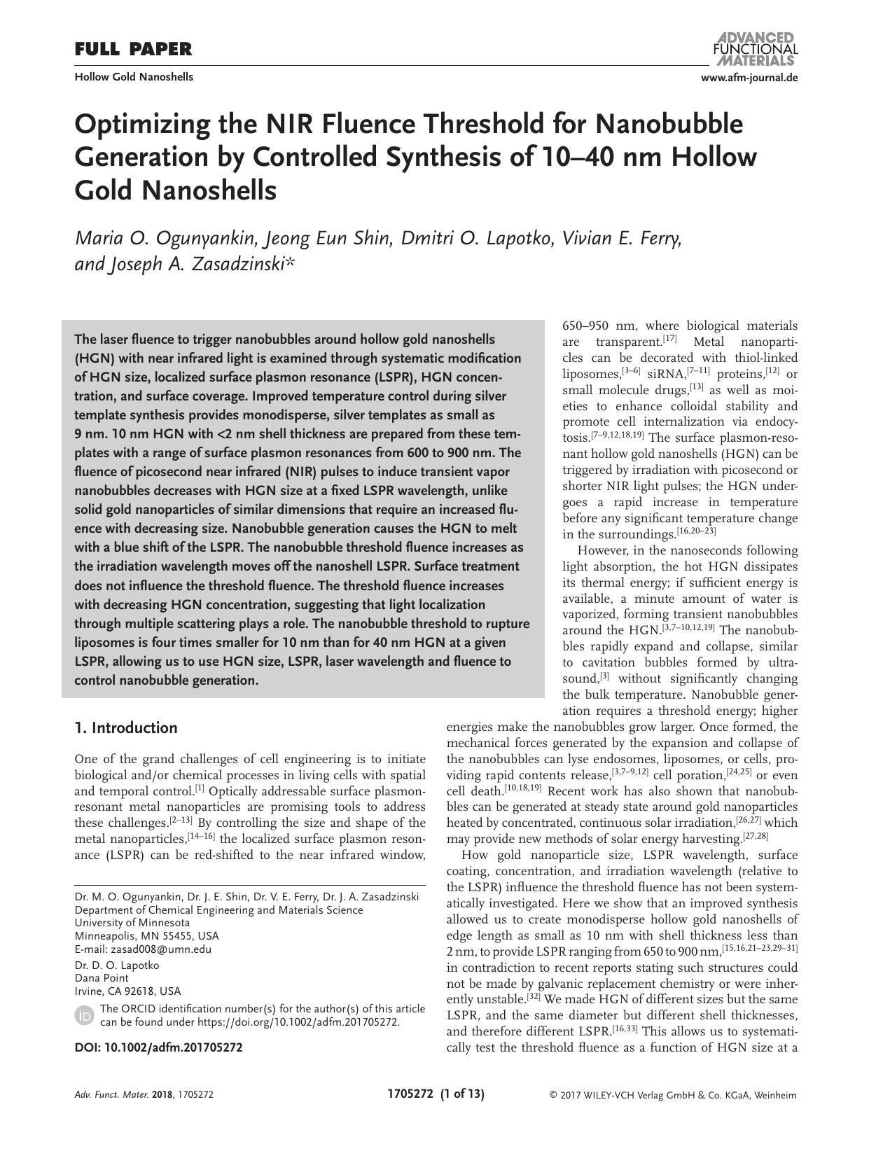 Optimizing the NIR Fluence Threshold for Nanobubble Generation by Controlled Synthesis of 10&#x02013;40 nm Hollow Gold Nanoshells by Unknown