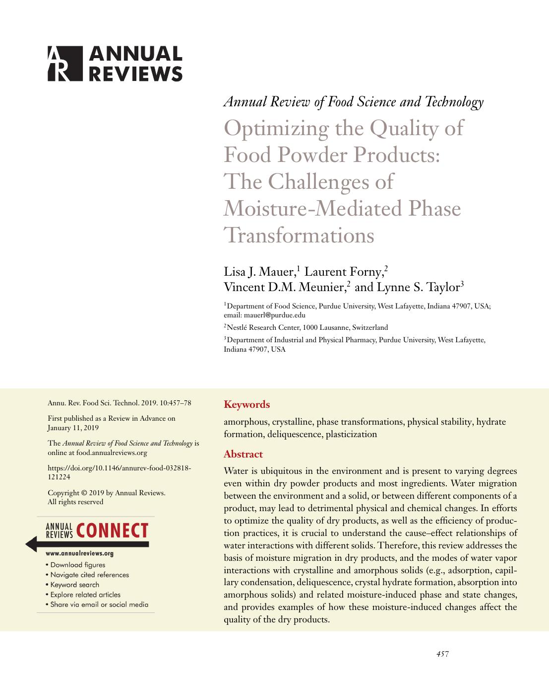 Optimizing the Quality of Food Powder Products: The Challenges of Moisture-Mediated Phase Transformations by Lisa J. Mauer Laurent Forny Vincent D.M. Meunier Lynne S. Taylor