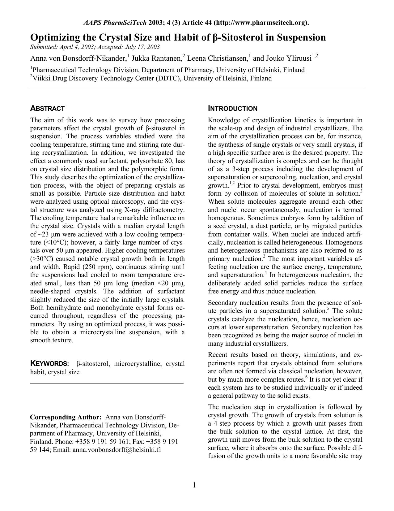 Optimizing the crystal size and habit of β-sitosterol in suspension by Unknown