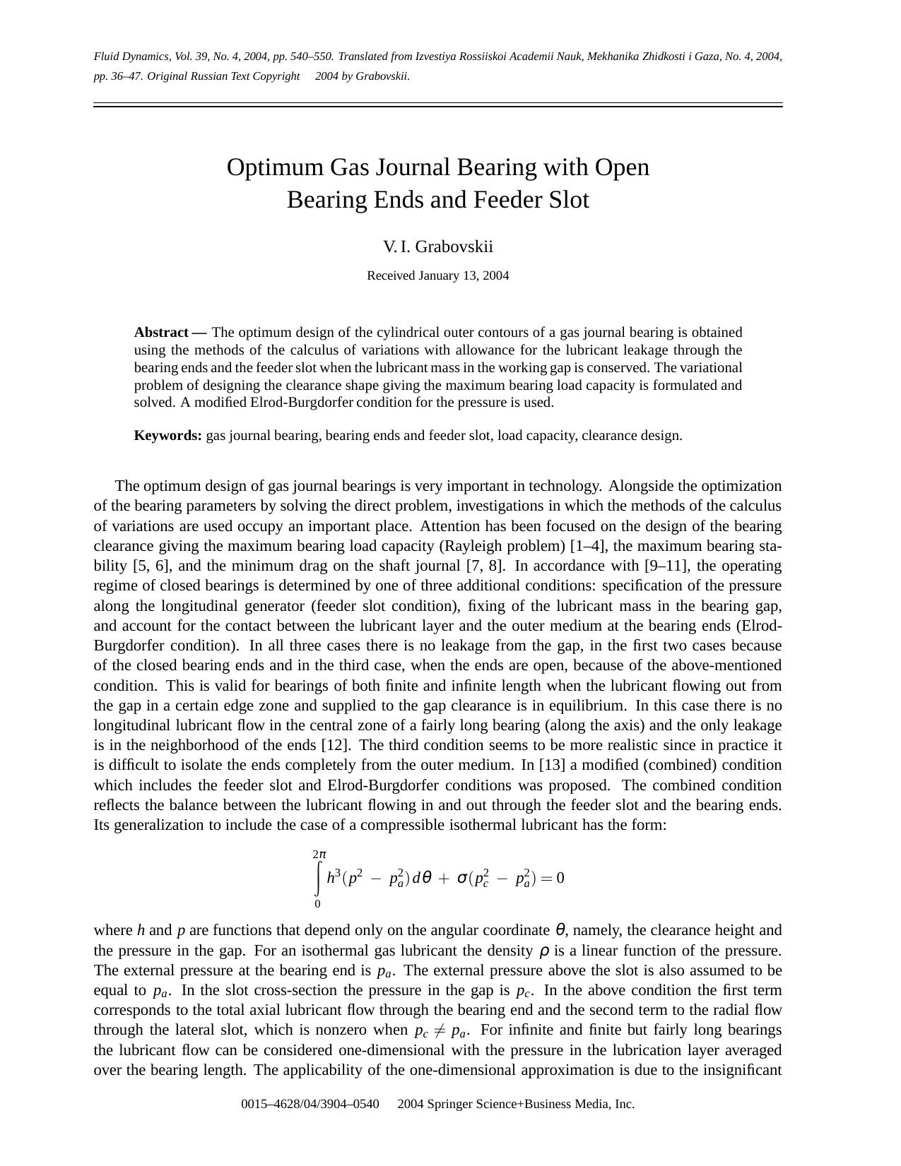 Optimum Gas Journal Bearing with Open Bearing Ends and Feeder Slot by Unknown