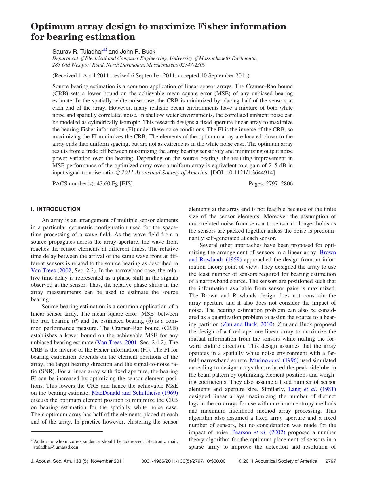 Optimum array design to maximize Fisher information for bearing estimation by Saurav R. Tuladhar and John R. Buck