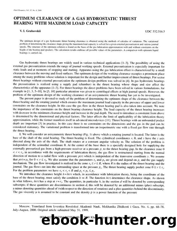 Optimum clearance of a gas hydrostatic thrust bearing with maximum load capacity by Unknown