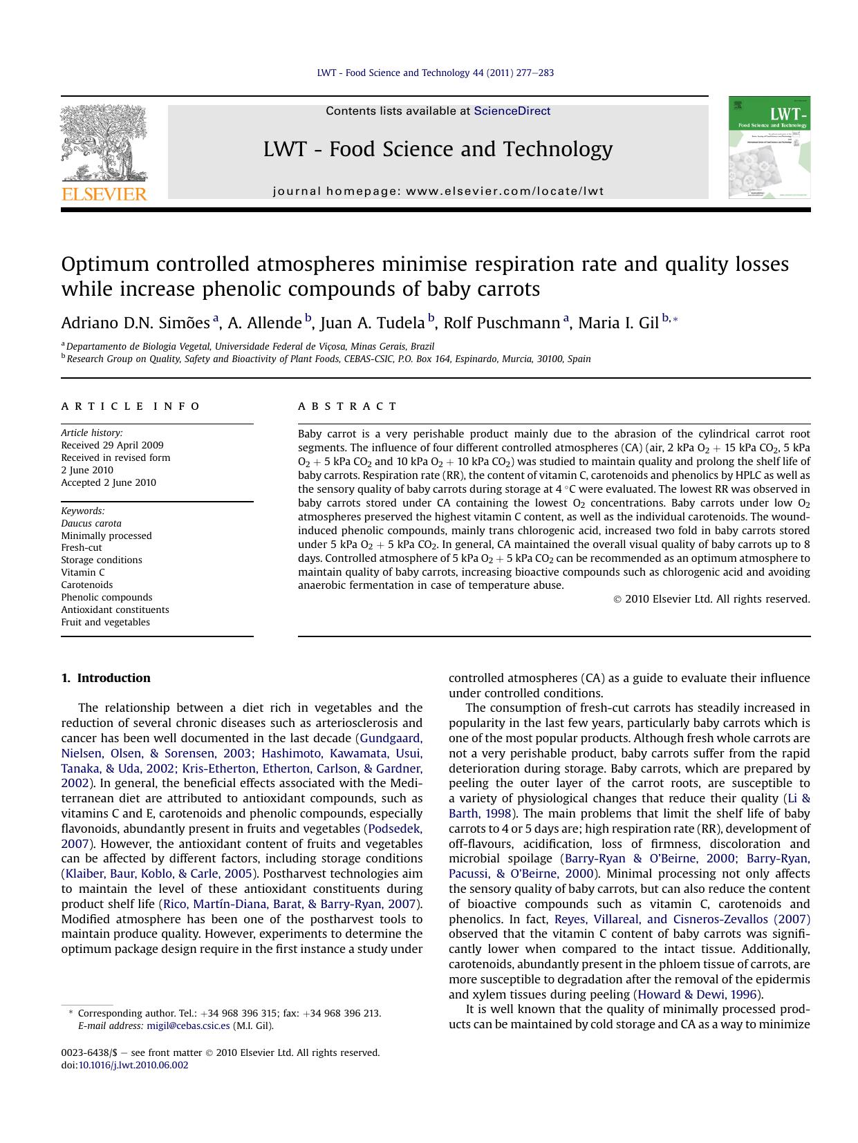Optimum controlled atmospheres minimise respiration rate and quality losses while increase phenolic compounds of baby carrots by Adriano D.N. Simões & A. Allende & Juan A. Tudela & Rolf Puschmann & Maria I. Gil