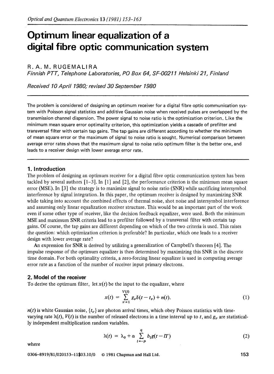 Optimum linear equalization of a digital fibre optic communication system by Unknown
