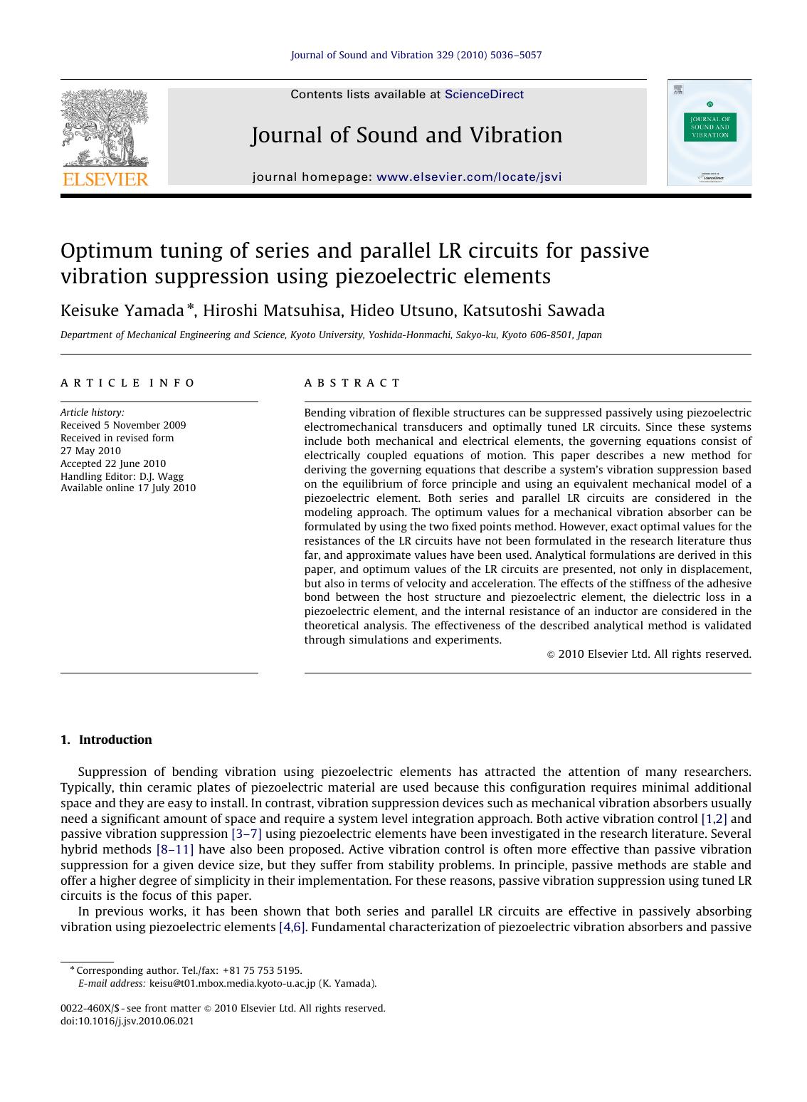 Optimum tuning of series and parallel LR circuits for passive vibration suppression using piezoelectric elements by Keisuke Yamada & Hiroshi Matsuhisa & Hideo Utsuno & Katsutoshi Sawada
