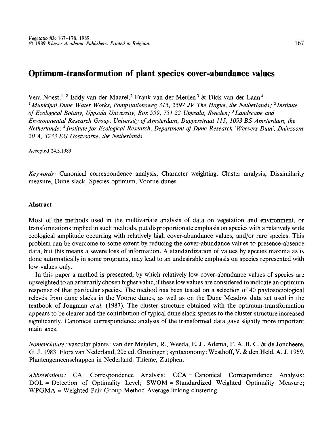 Optimum-transformation of plant species cover-abundance values by Unknown