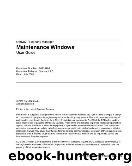 Optivity Telephony Manager Maintenance Windows User Guide by Unknown