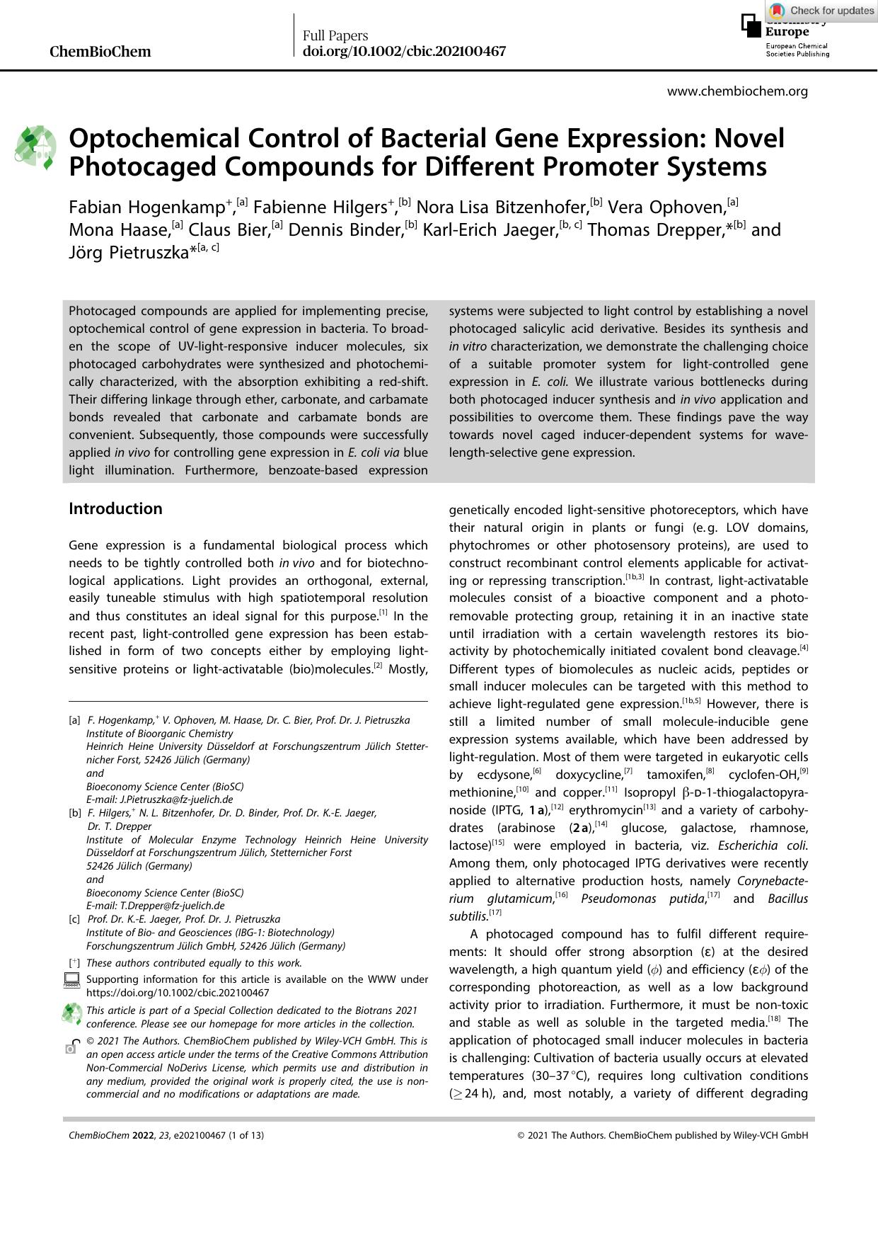 Optochemical Control of Bacterial Gene Expression: Novel Photocaged Compounds for Different Promoter Systems by Unknown