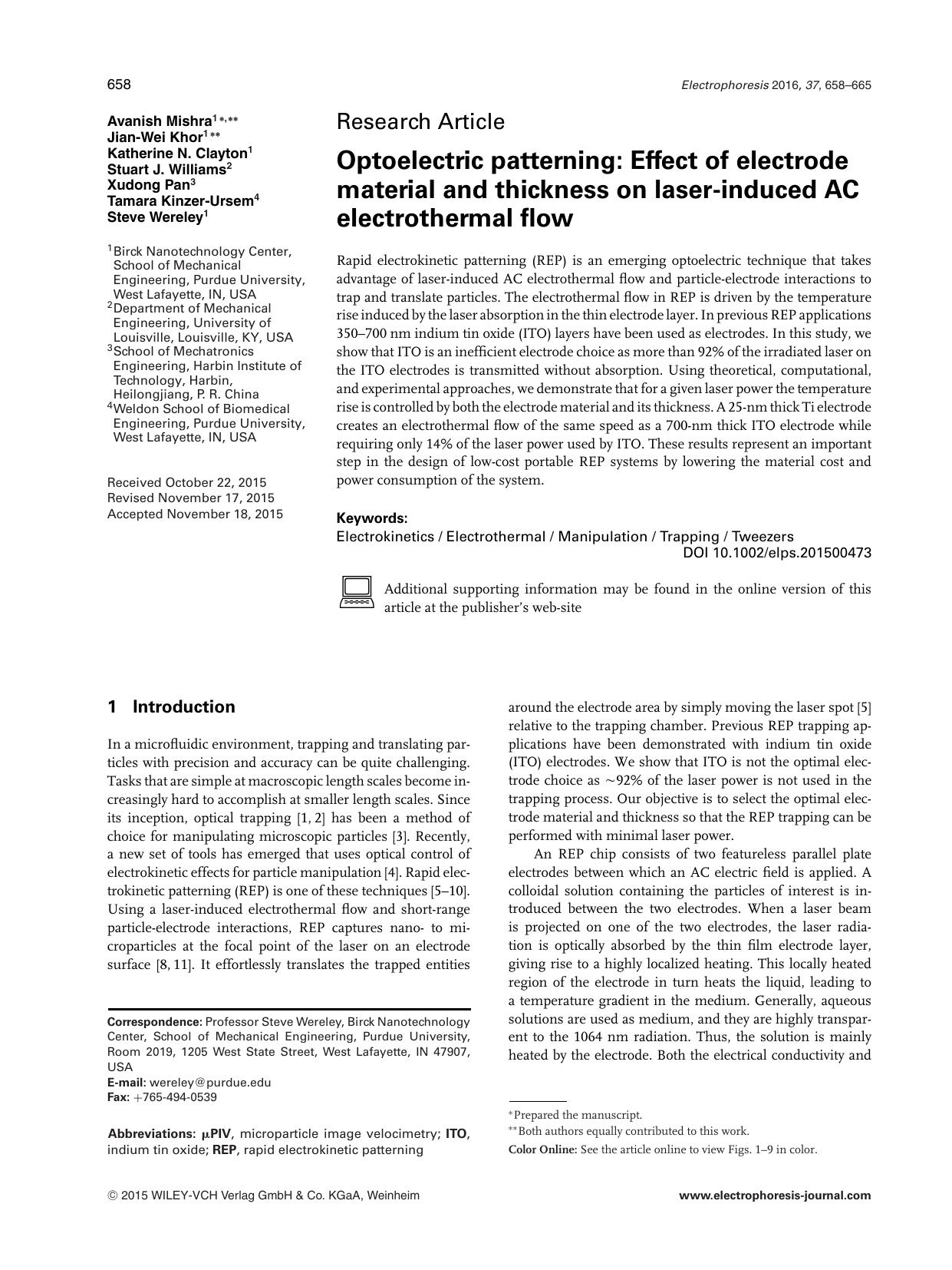 Optoelectric patterning: Effect of electrode material and thickness on laser‐induced AC electrothermal flow by Unknown