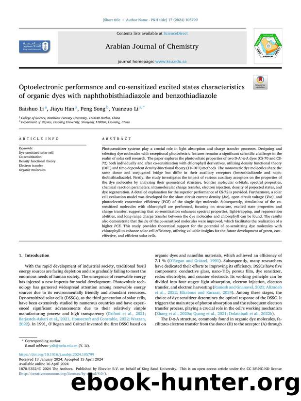 Optoelectronic performance and co-sensitized excited states characteristics of organic dyes with naphthobisthiadiazole and benzothiadiazole by Baishuo Li & Jiayu Han & Peng Song & Yuanzuo Li