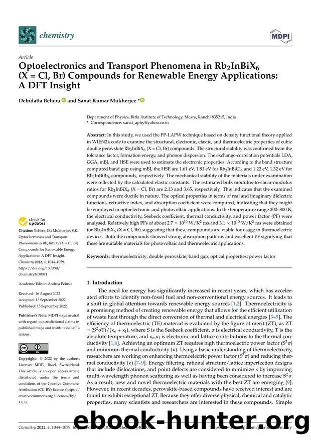 Optoelectronics and Transport Phenomena in Rb2InBiX6 (X = Cl, Br) Compounds for Renewable Energy Applications: A DFT Insight by Debidatta Behera & Sanat Kumar Mukherjee