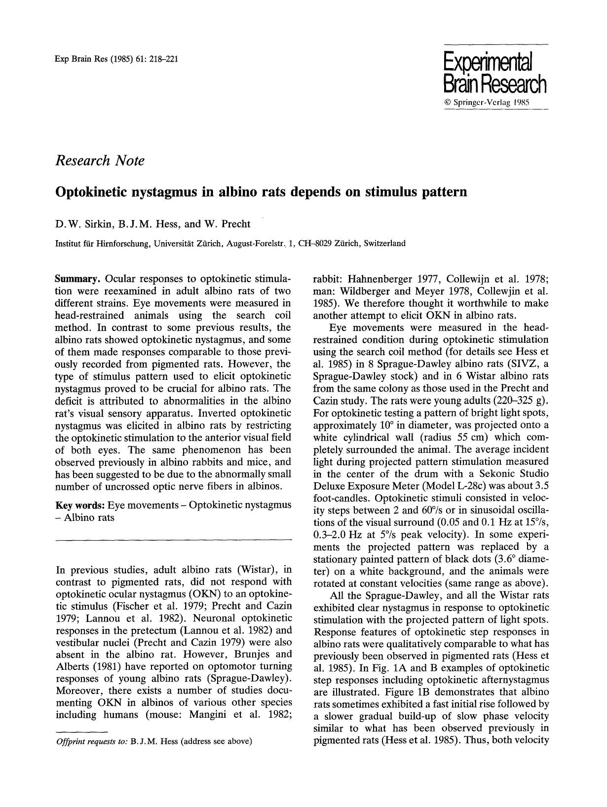 Optokinetic nystagmus in albino rats depends on stimulus pattern by Unknown