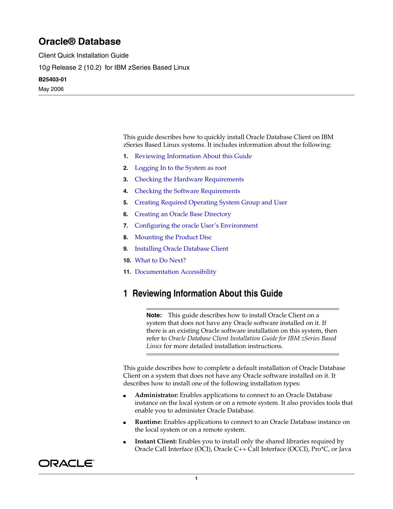 Oracle Database Client Quick Installation Guide 10g Release 2 (10.2) for IBM zSeries Based Linux by Oracle Corporation