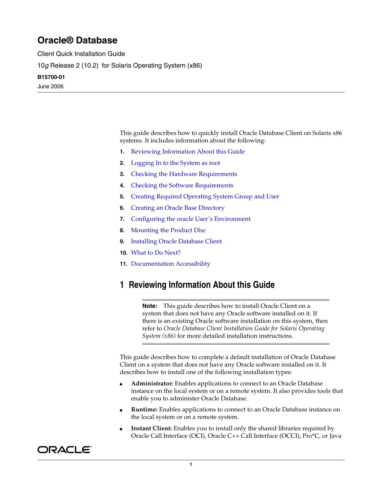 Oracle Database Client Quick Installation Guide 10g Release 2 (10.2) for Solaris Operating System (x86) by Oracle Corporation