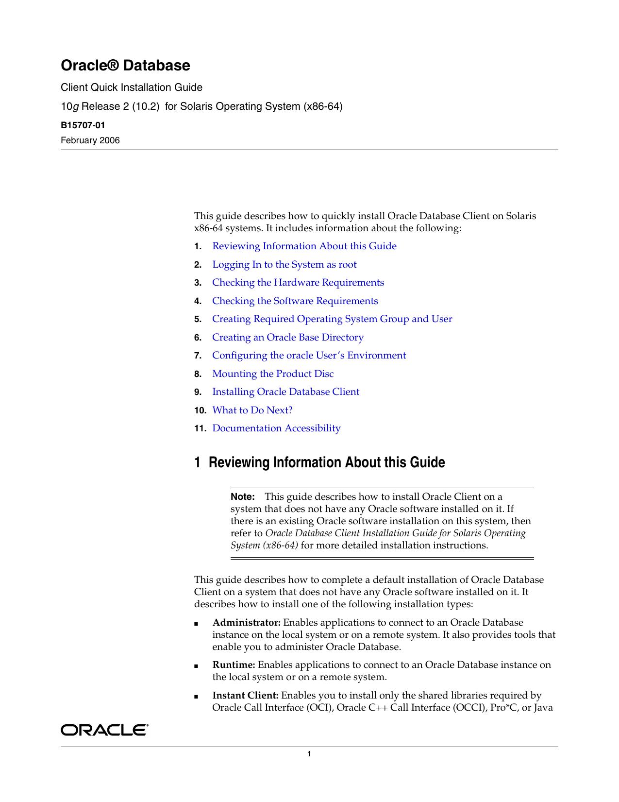 Oracle Database Client Quick Installation Guide 10g Release 2 (10.2) for Solaris Operating System (x86-64) by Oracle Corporation