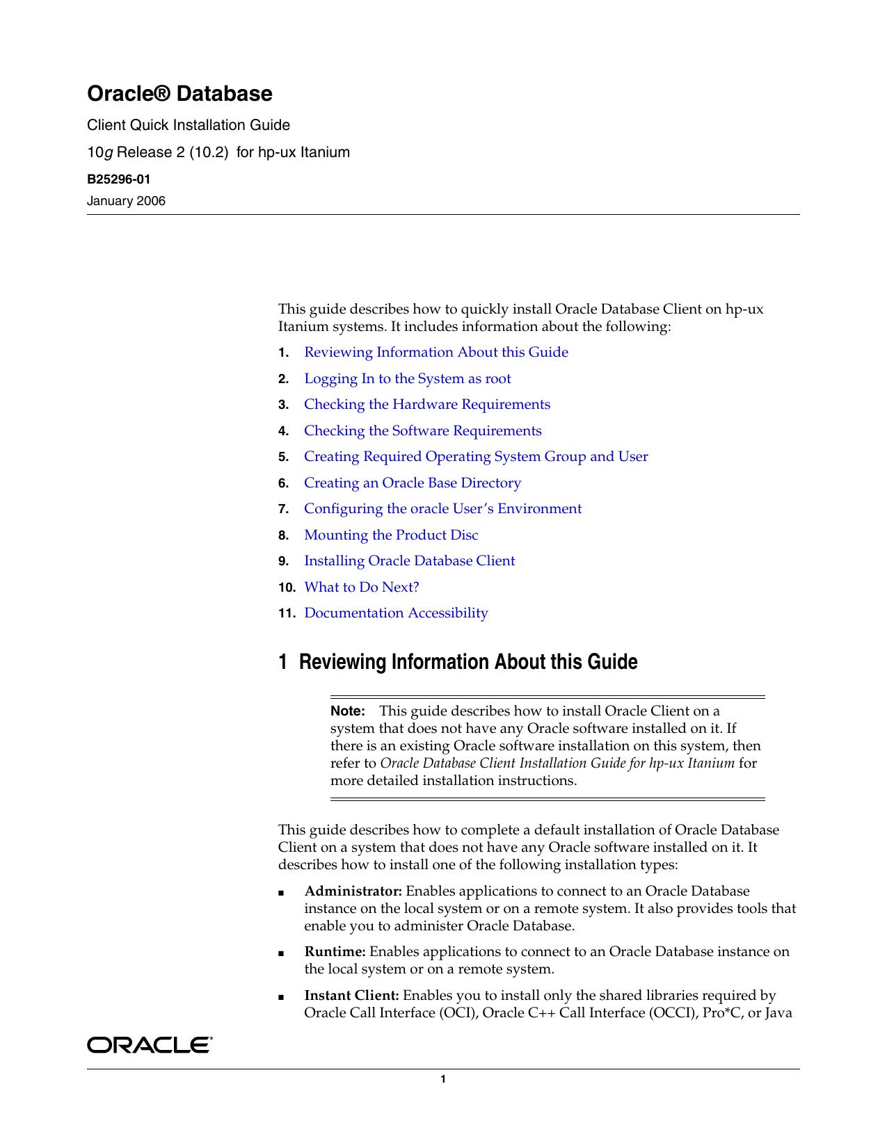 Oracle Database Client Quick Installation Guide 10g Release 2 (10.2) for hp-ux Itanium by Oracle Corporation
