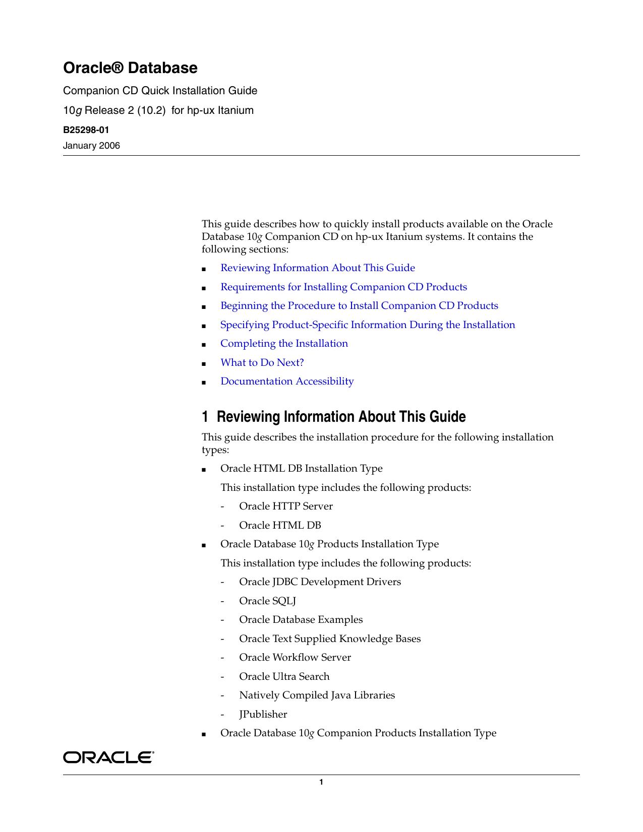 Oracle Database Companion CD Quick Installation Guide 10g Release 2 (10.2) for hp-ux Itanium by Oracle Corporation