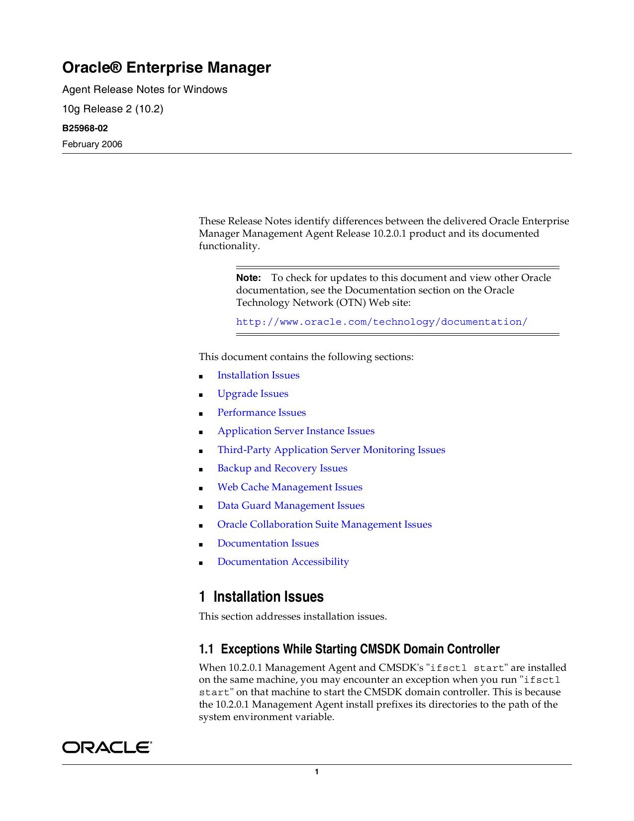 Oracle Enterprise Manager Agent Release Notes for Windows 10g Release 2 (10.2) by Oracle Corporation