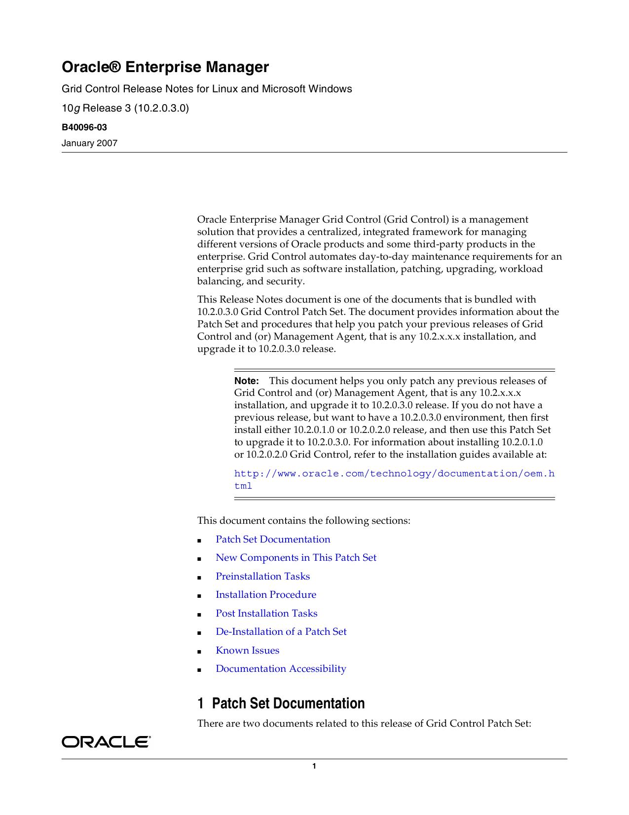 Oracle Enterprise Manager Grid Control Release Notes for Linux and Microsoft Windows 10g Release 3 (10.2.0.3.0) by Oracle Corporation