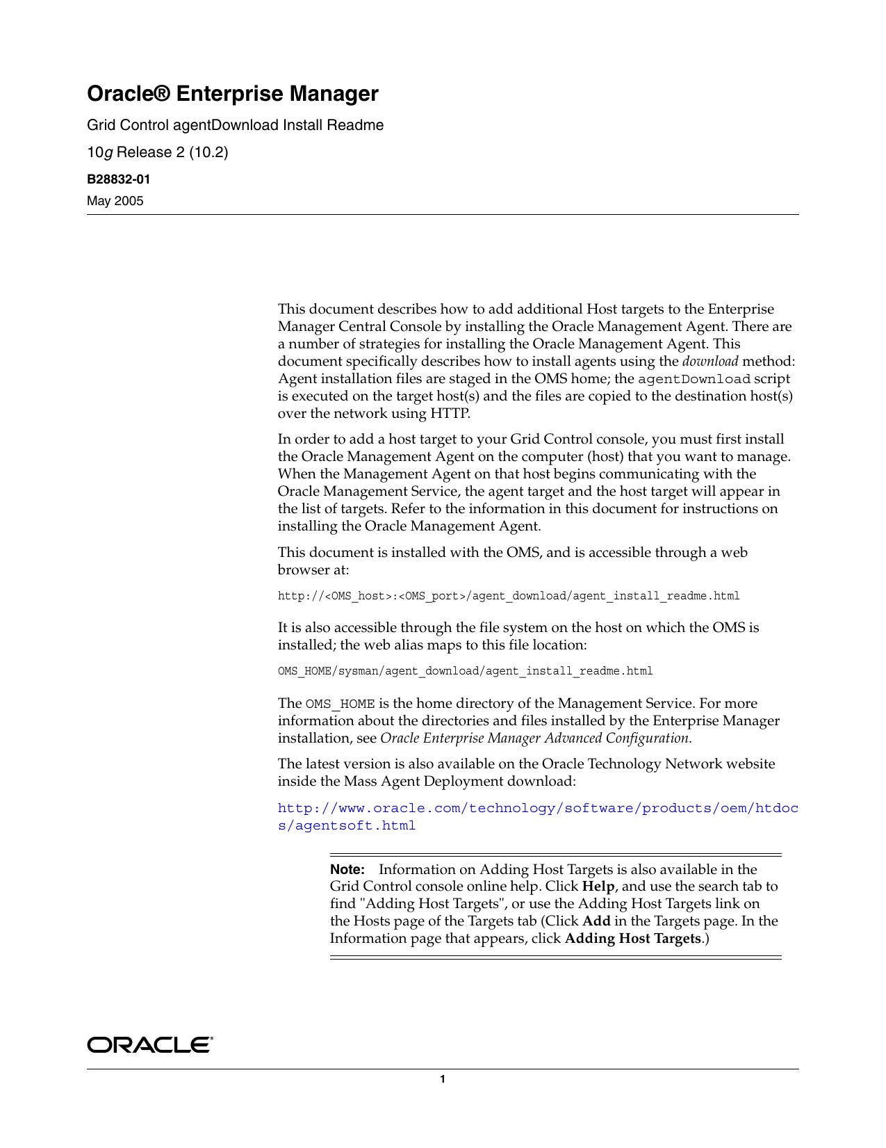 Oracle Enterprise Manager Grid Control agentDownload Installation Readme by Oracle Corporation