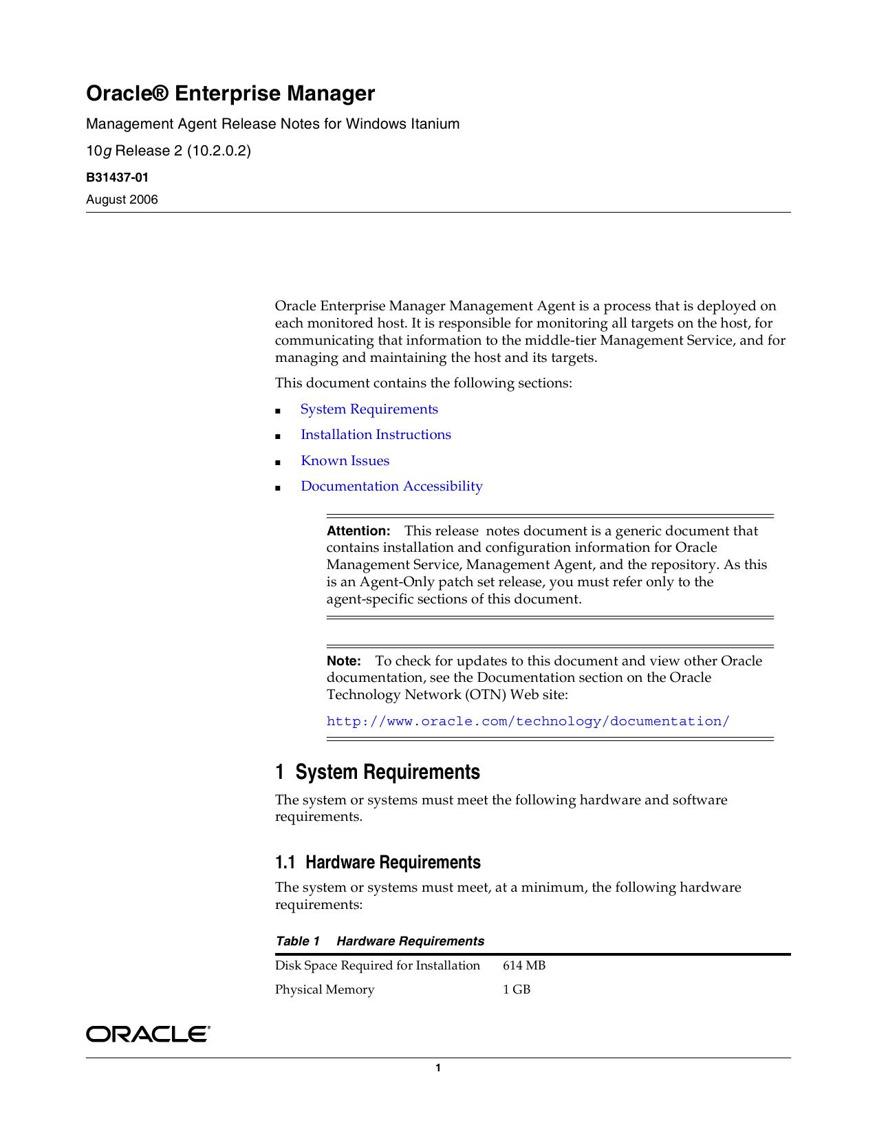 Oracle Enterprise Manager Management Agent Release Notes for Windows Itanium 10g Release 2 (10.2.0.2) by Oracle Corporation