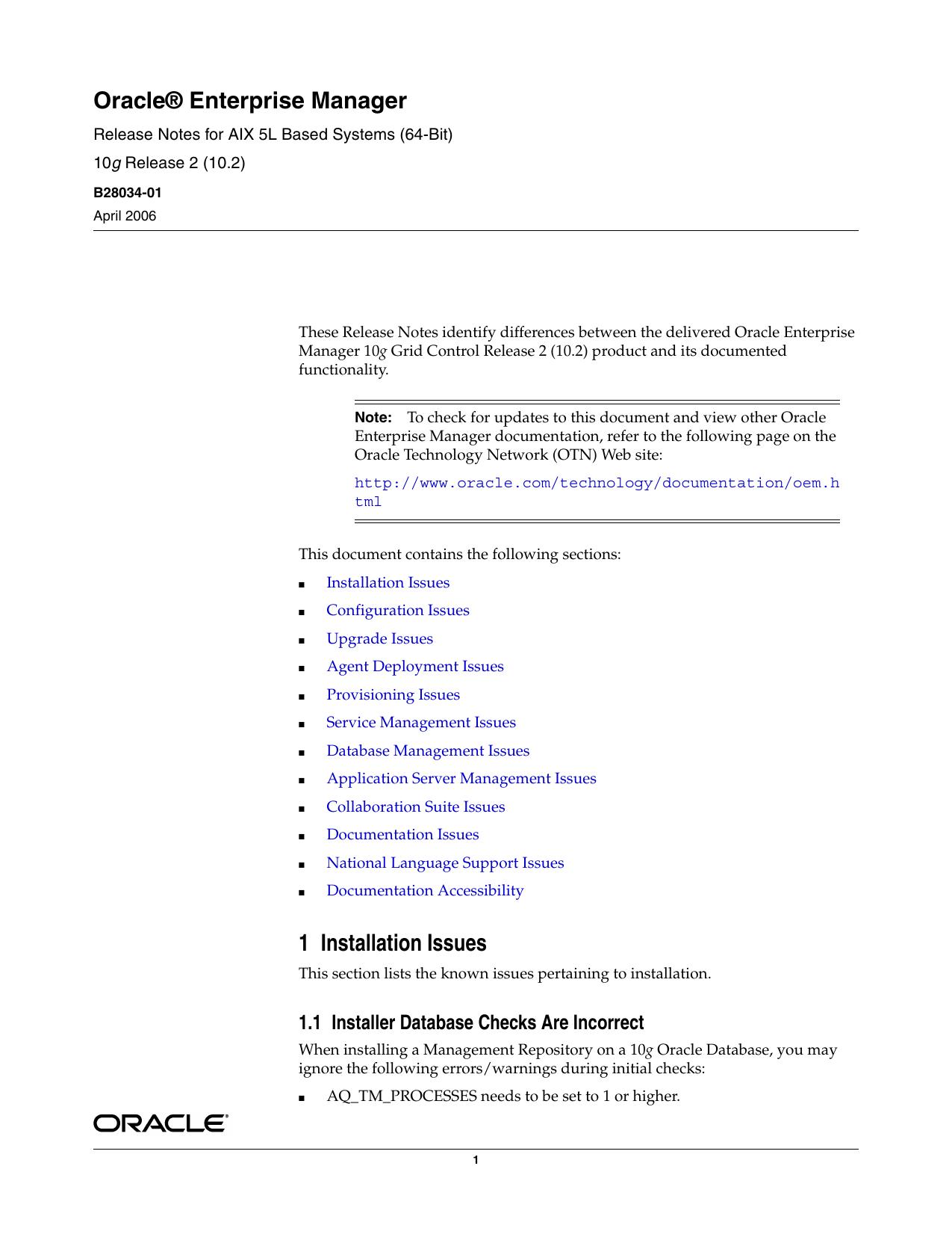OracleÂ® Enterprise Manager Release Notes for AIX 5L Based Systems (64-Bit) by Oracle Corporation
