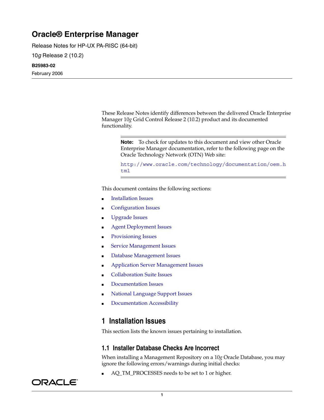 OracleÂ® Enterprise Manager Release Notes for HP-UX PA-RISC (64-bit) by Oracle Corporation