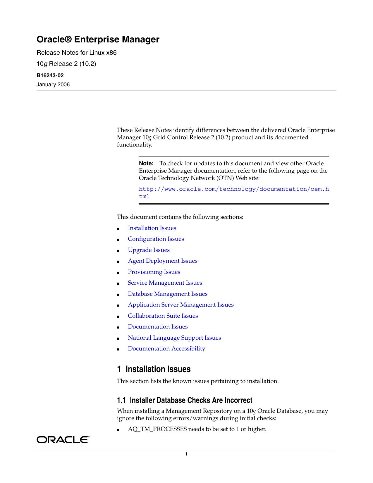 OracleÂ® Enterprise Manager Release Notes for Linux x86 by Oracle Corporation