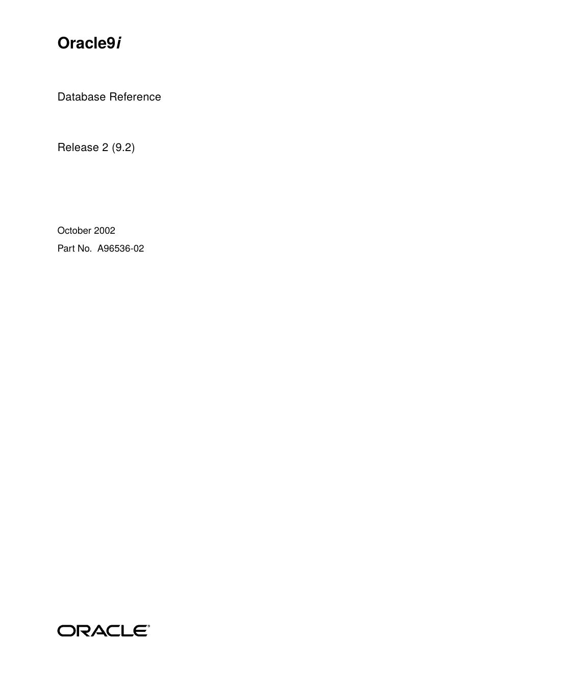 Oracle9i Database Reference by Oracle Corp