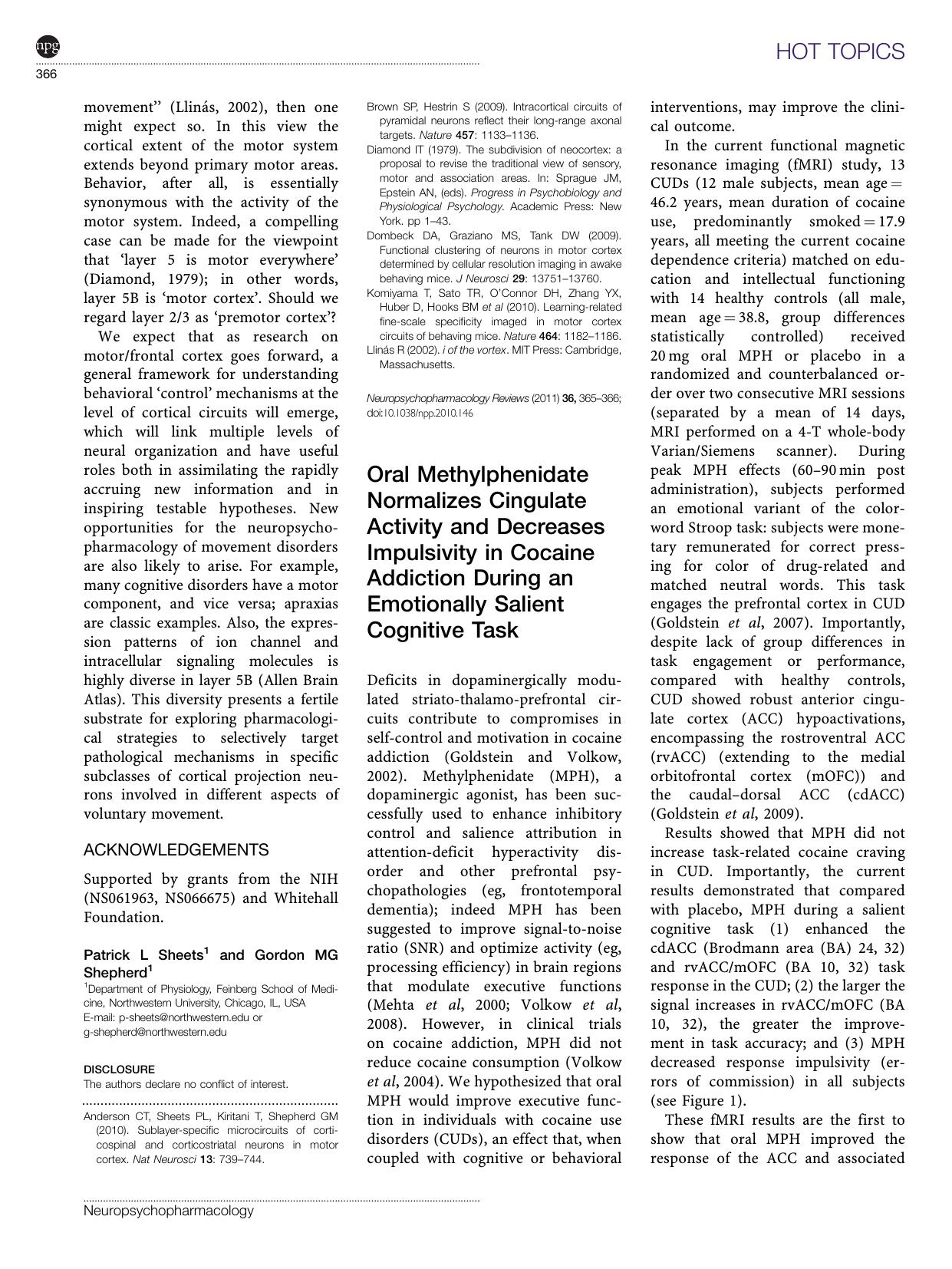 Oral Methylphenidate Normalizes Cingulate Activity and Decreases Impulsivity in Cocaine Addiction During an Emotionally Salient Cognitive Task by Rita Z Goldstein & Nora D Volkow
