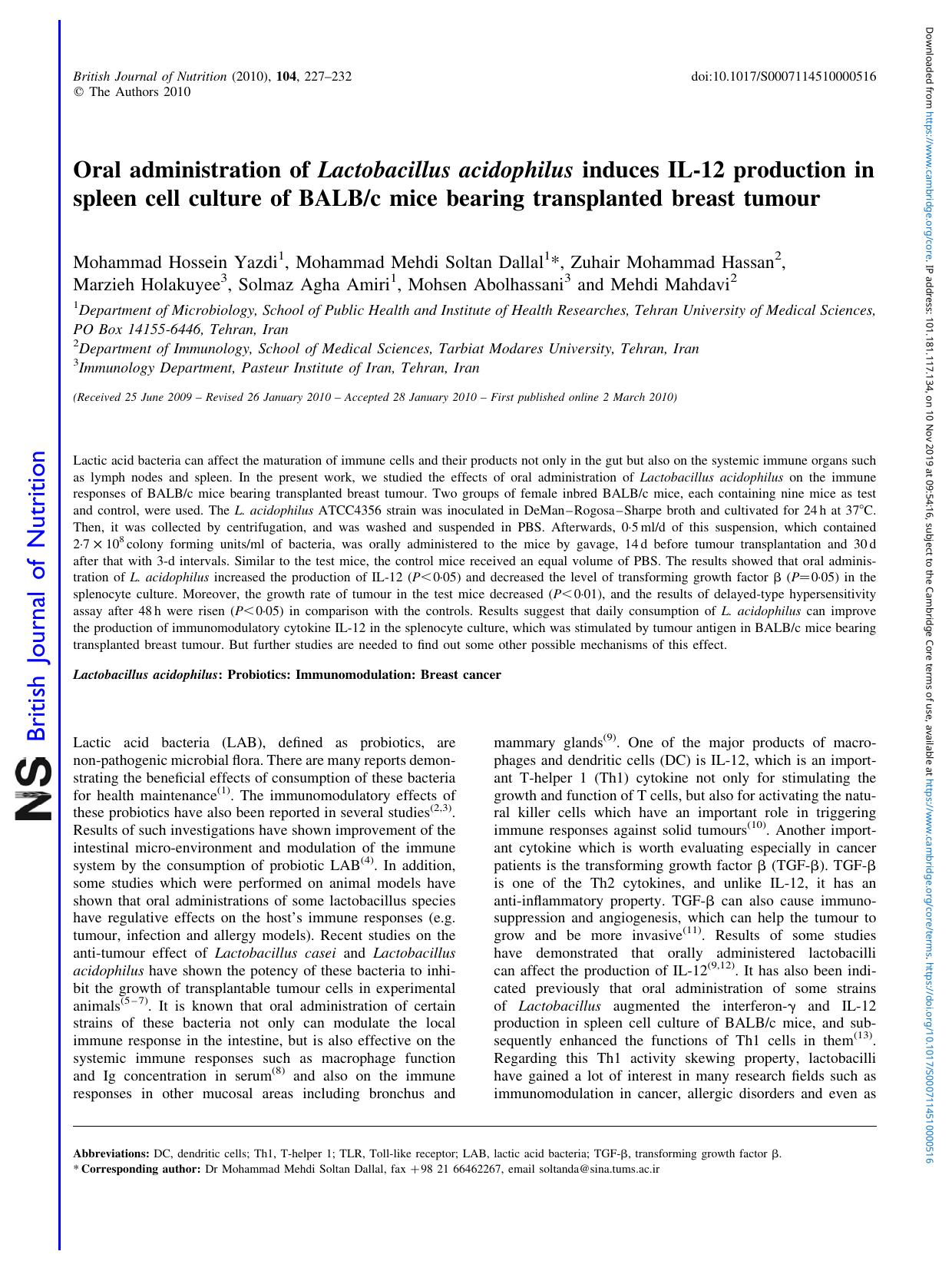 Oral administration of Lactobacillus acidophilus induces IL-12 production in spleen cell culture of BALBc mice bearing transplanted breast tumour by unknow
