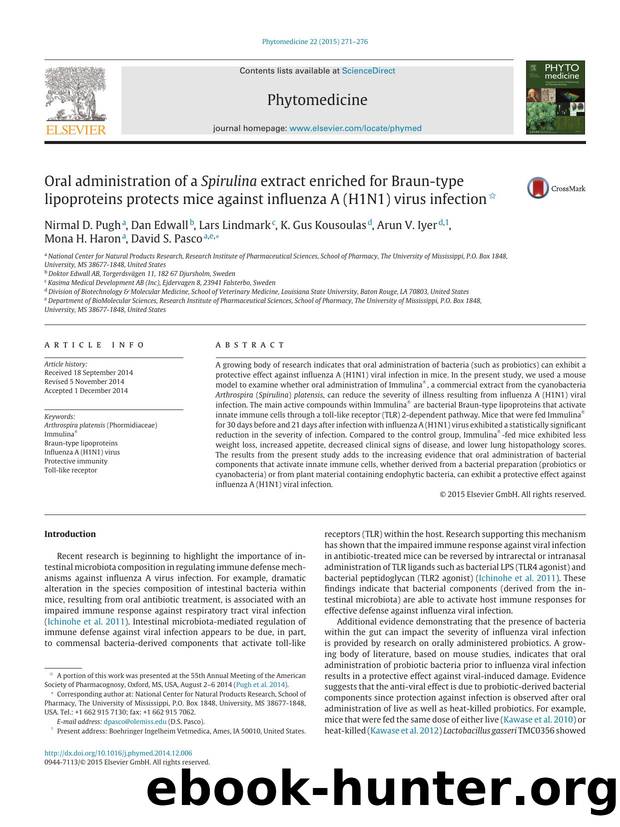 Oral administration of a Spirulina extract enriched for Braun-type lipoproteins protects mice against influenza A (H1N1) virus infection by unknow