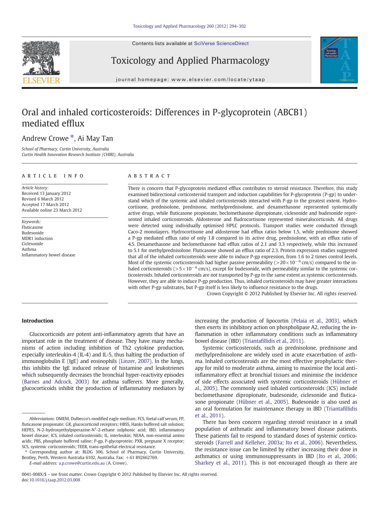 Oral and inhaled corticosteroids: Differences in P-glycoprotein (ABCB1) mediated efflux by Andrew Crowe & Ai May Tan