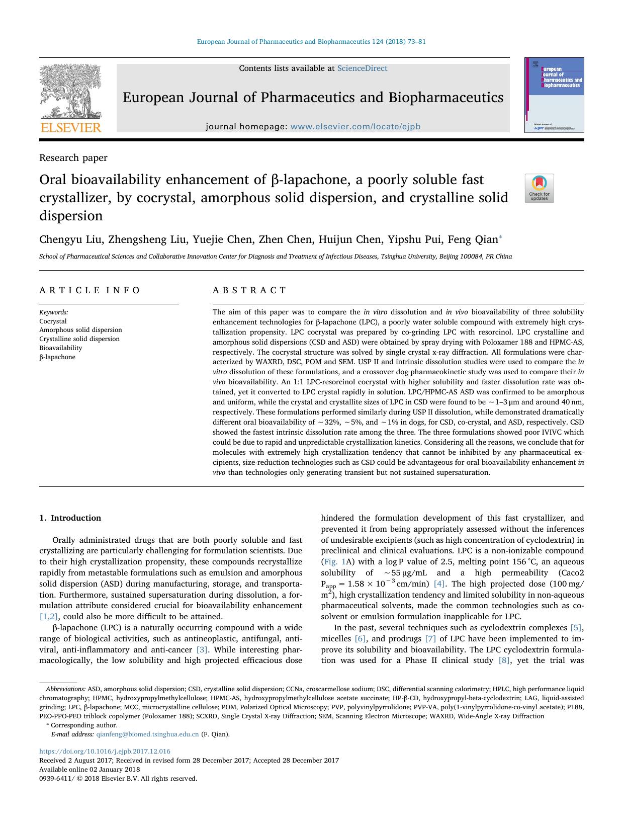 Oral bioavailability enhancement of Î²-lapachone, a poorly soluble fast crystallizer, by cocrystal, amorphous solid dispersion, and crystalline solid dispersion by Chengyu Liu