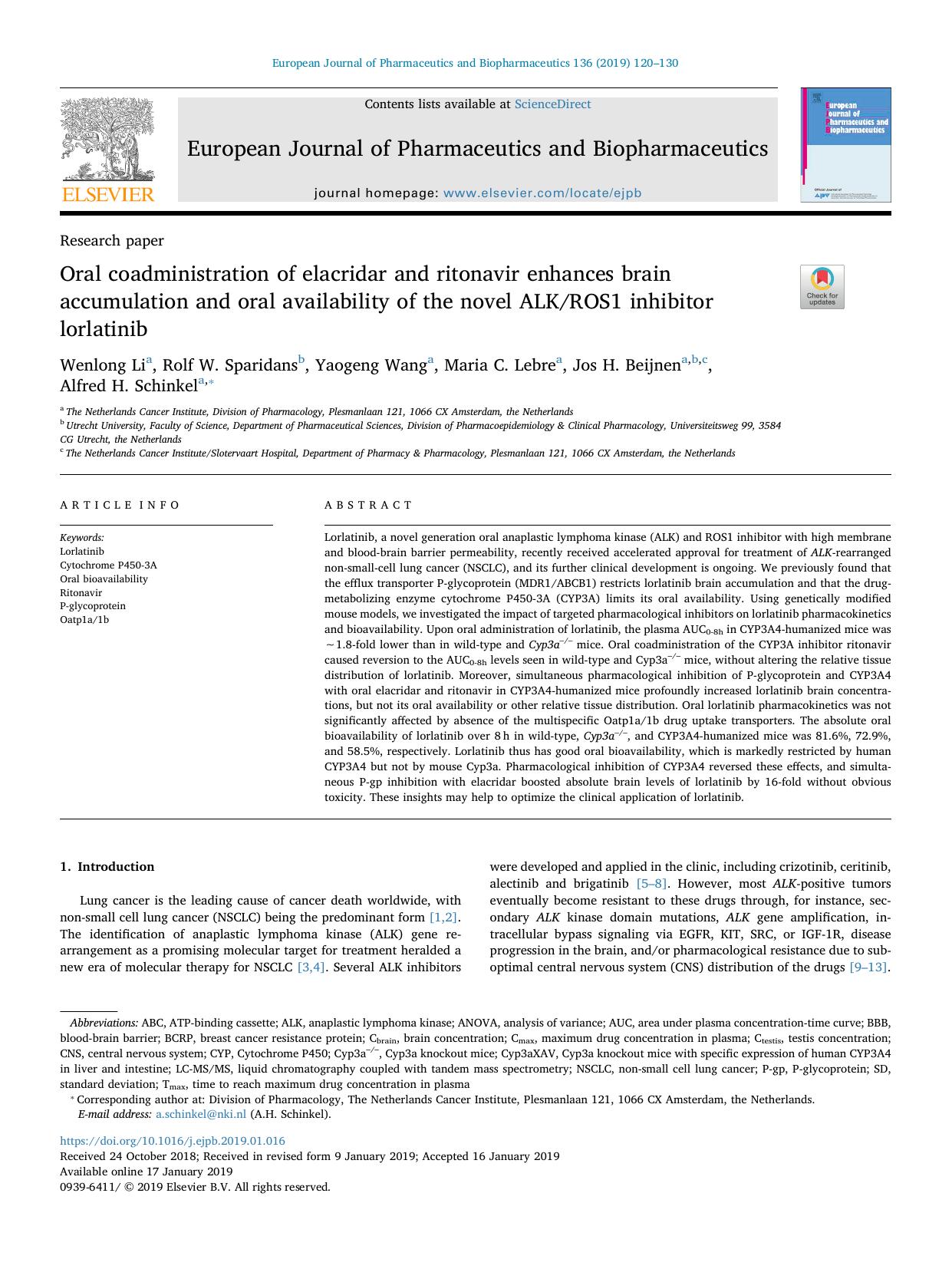 Oral coadministration of elacridar and ritonavir enhances brain accumulation and oral availability of the novel ALKROS1 inhibitor lorlatinib by Wenlong Li & Rolf W. Sparidans & Yaogeng Wang & Maria C. Lebre & Jos H. Beijnen & Alfred H. Schinkel