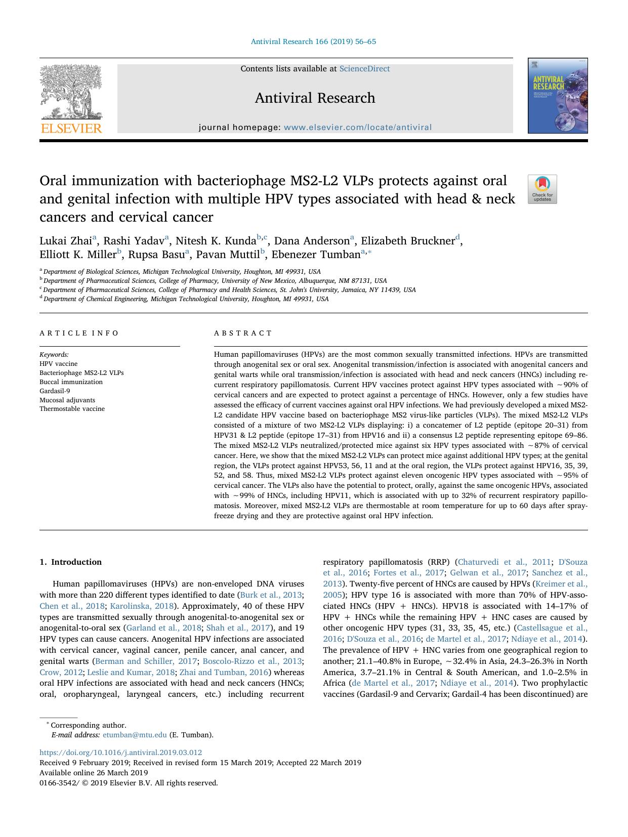 Oral immunization with bacteriophage MS2-L2 VLPs protects against oral and genital infection with multiple HPV types associated with head ampamp; neck cancers and cervical cancer by unknow