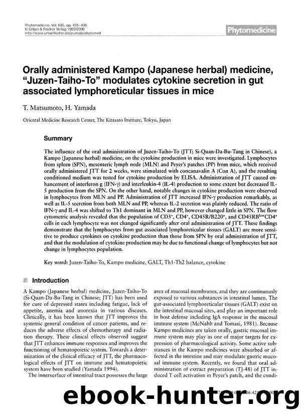 Orally administered Kampo (Japanese herbal) medicine, âJuzen-Taiho-Toâ modulates cytokine secretion in gut associated lymphoreticular tissues in mice by T. Matsumoto & H. Yamada