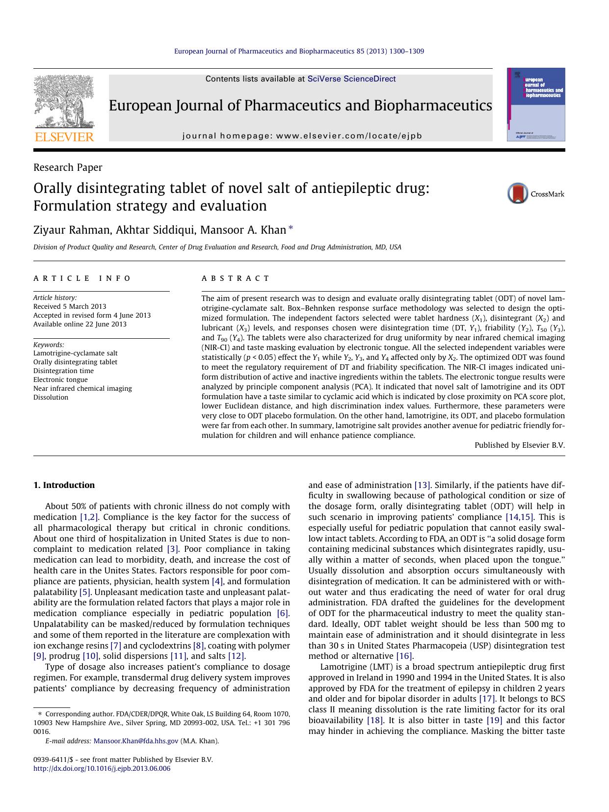 Orally disintegrating tablet of novel salt of antiepileptic drug: Formulation strategy and evaluation by Ziyaur Rahman & Akhtar Siddiqui & Mansoor A. Khan