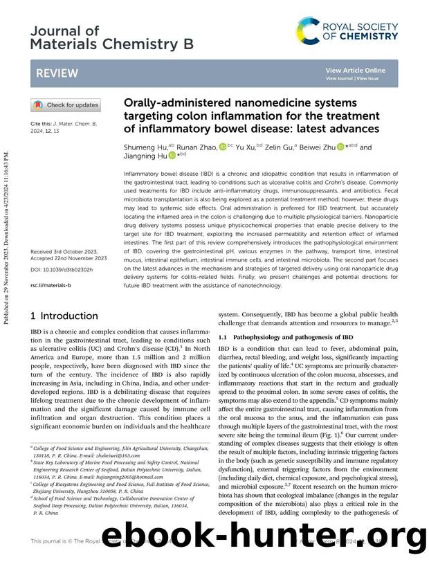 Orally-administered nanomedicine systems targeting colon inflammation for the treatment of inflammatory bowel disease: latest advances by Shumeng Hu & Runan Zhao & Yu Xu & Zelin Gu & Beiwei Zhu & Jiangning Hu