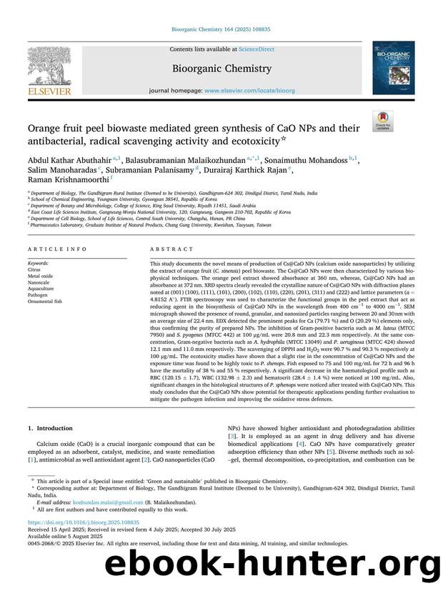 Orange fruit peel biowaste mediated green synthesis of CaO NPs and their antibacterial, radical scavenging activity and ecotoxicity by unknow