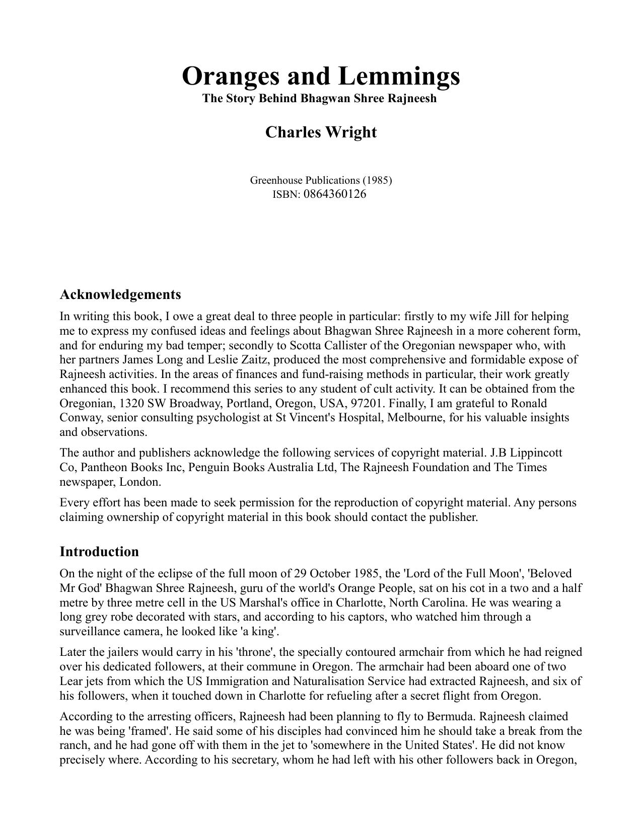 Oranges and Lemmings: The story behind Bhagwan Shree Rajneesh by Charles Wright