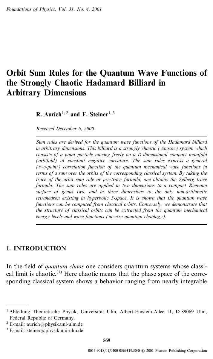 Orbit Sum Rules for the Quantum Wave Functions of the Strongly Chaotic Hadamard Billiard in Arbitrary Dimensions by Unknown