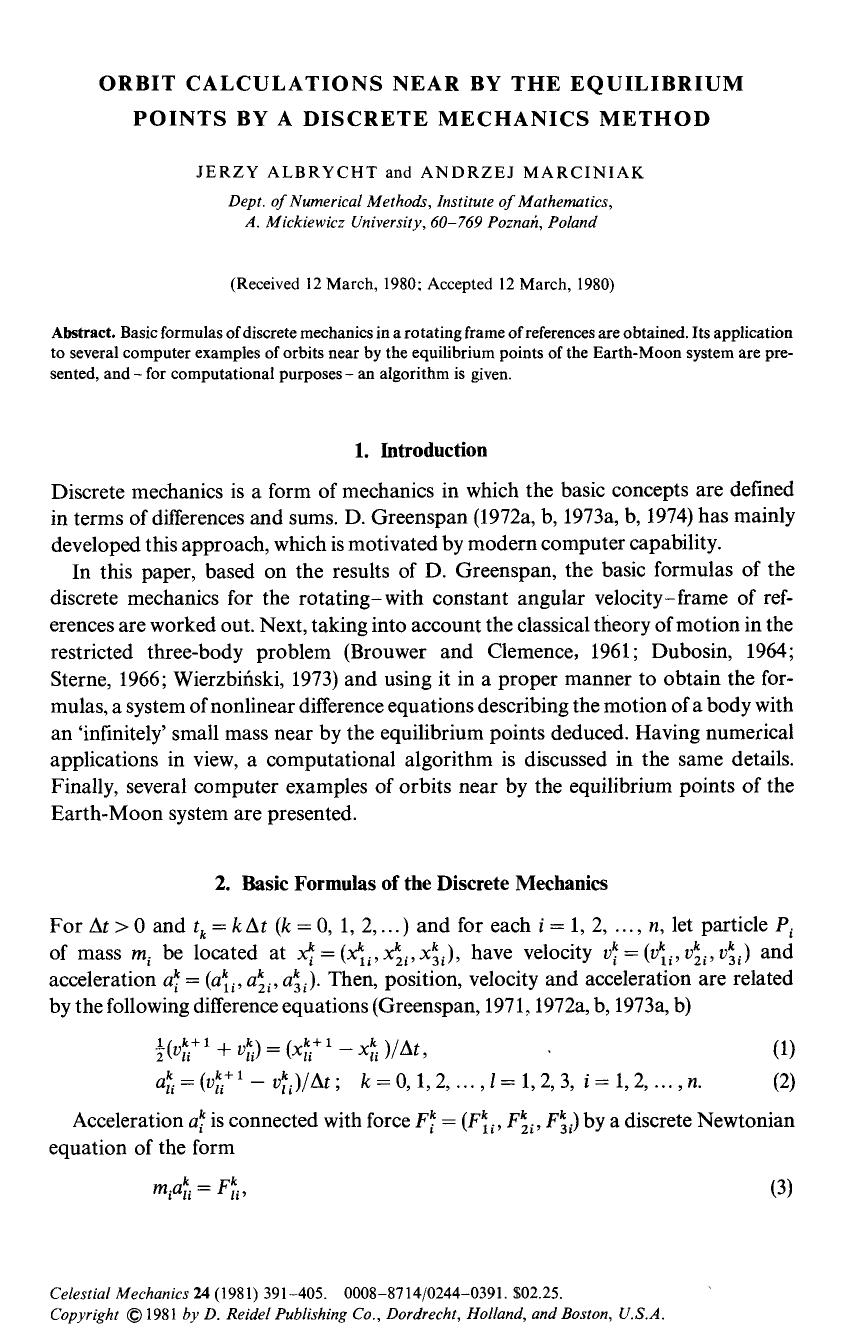Orbit calculations near by the equilibrium points by a discrete mechanics method by Unknown