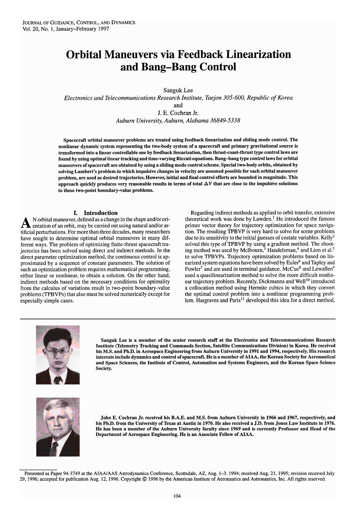 Orbital Maneuvers via Feedback Linearization and Bang-Bang Control by Unknown