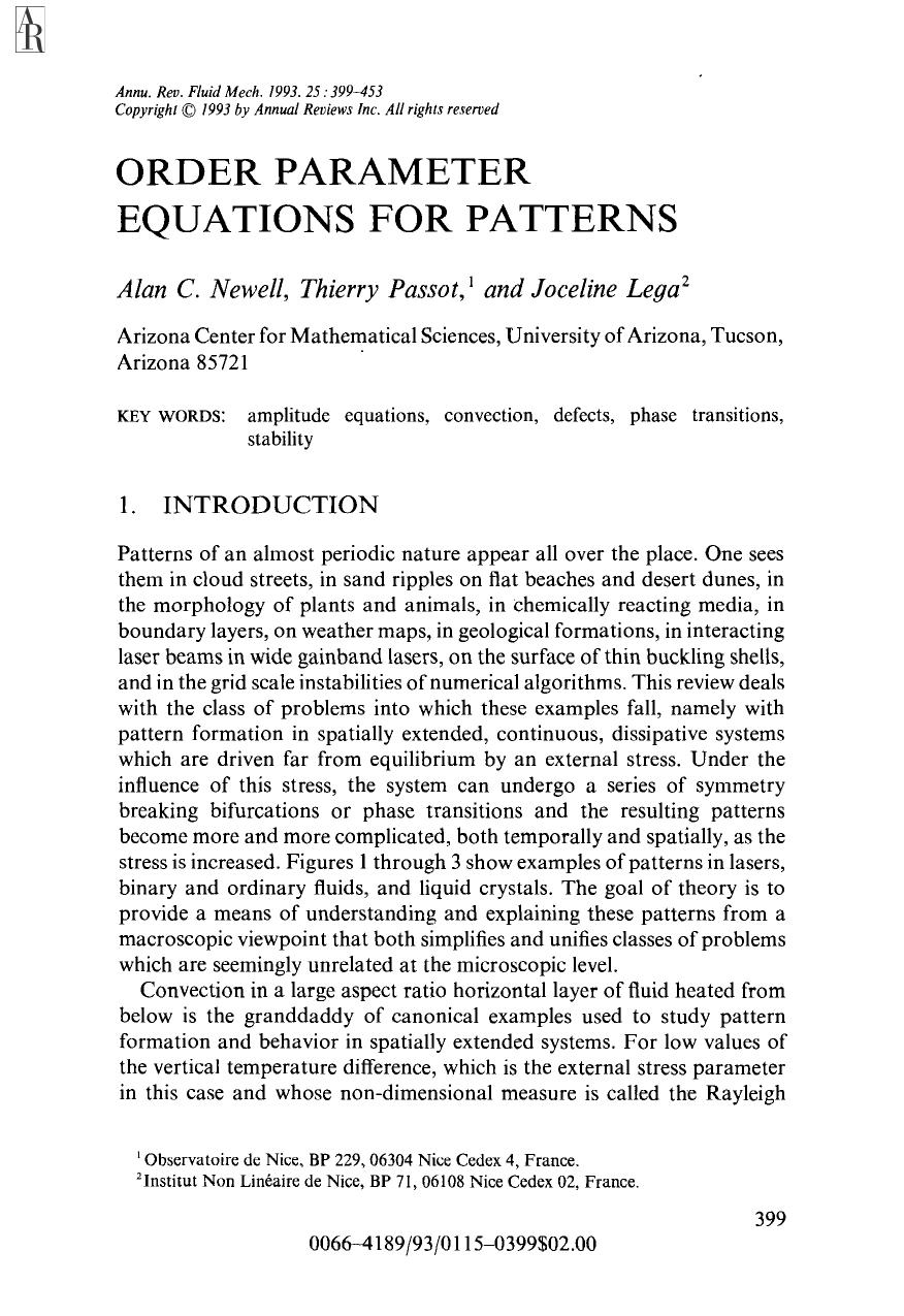 Order Parameter Equations for Patterns by A C Newell T Passot & J Lega