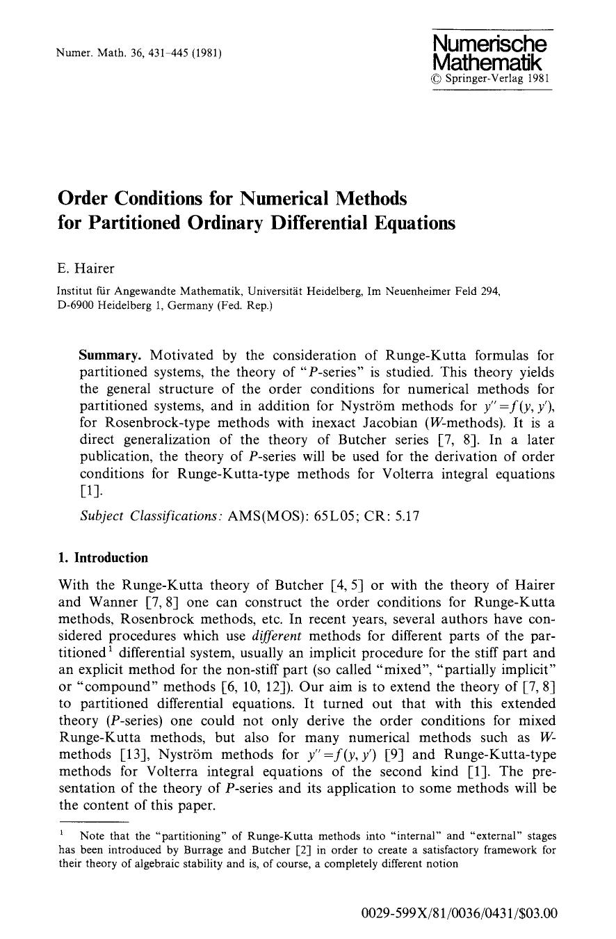 Order conditions for numerical methods for partitioned ordinary differential equations by Unknown