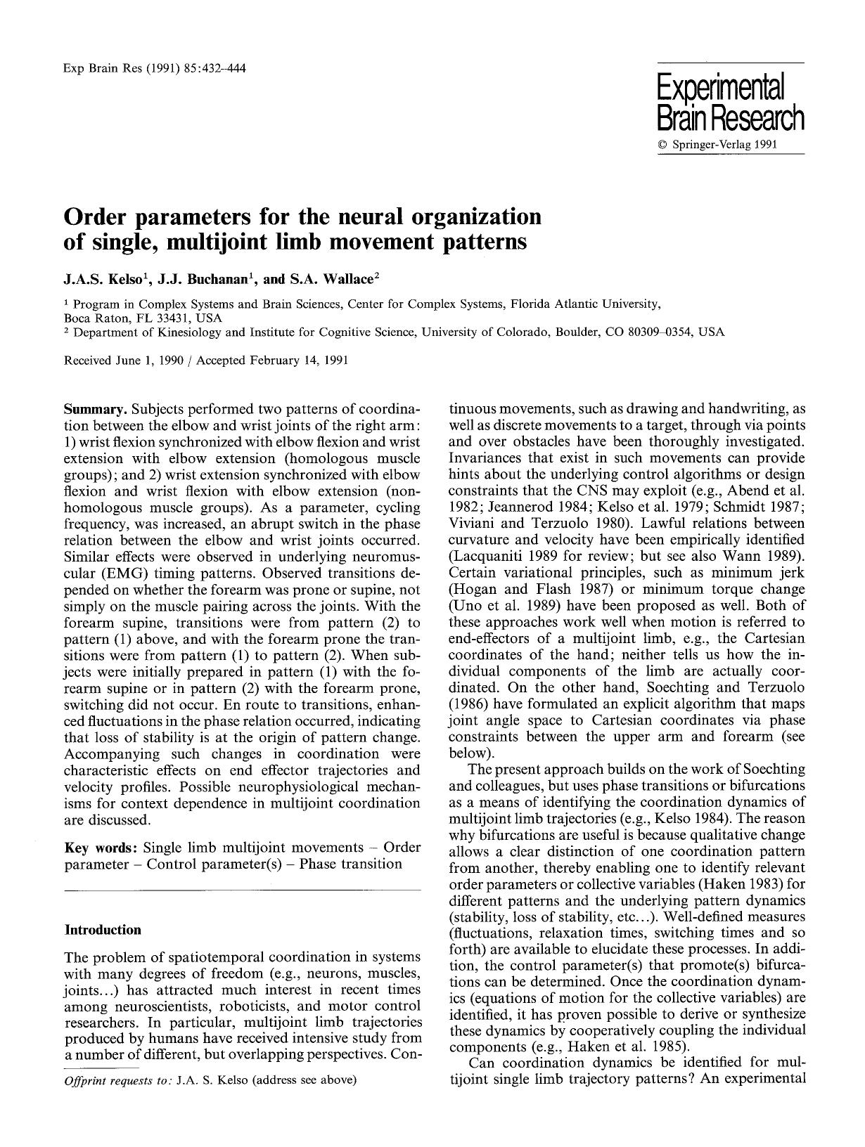 Order parameters for the neural organization of single, multijoint limb movement patterns by Unknown